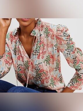 LOFT Floral Cinched Sleeve Tie Neck Mixed Media Blouse Top Sz M